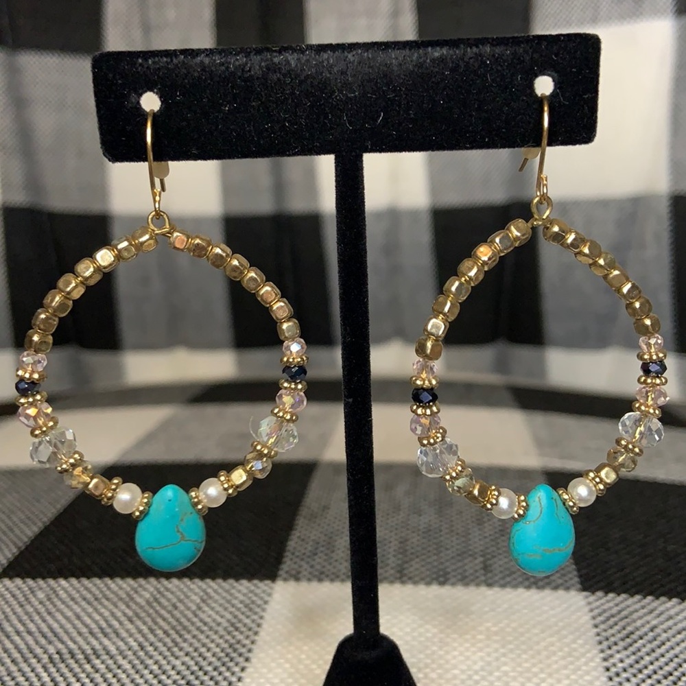 Turquoise |Pearl | Gems Hoop Dangle Earrings